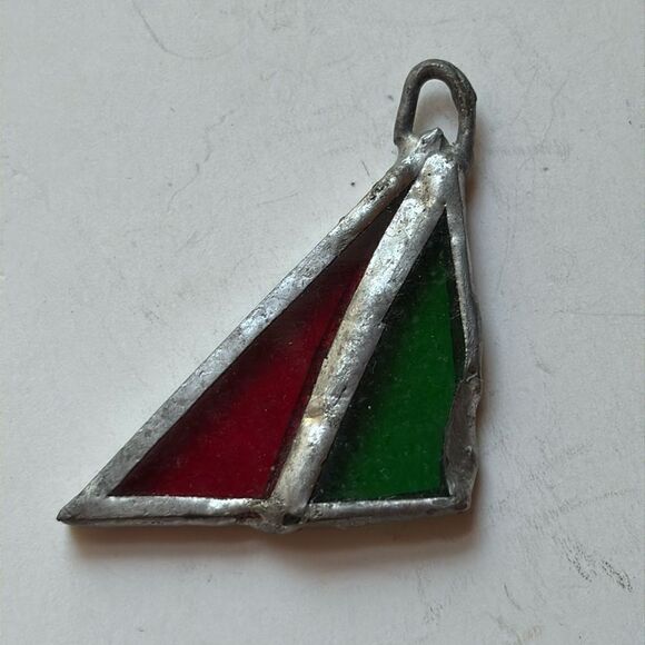 Handmade Silver tone Red and Green Stained Glass Triangular Pendant - Picture 1 of 4